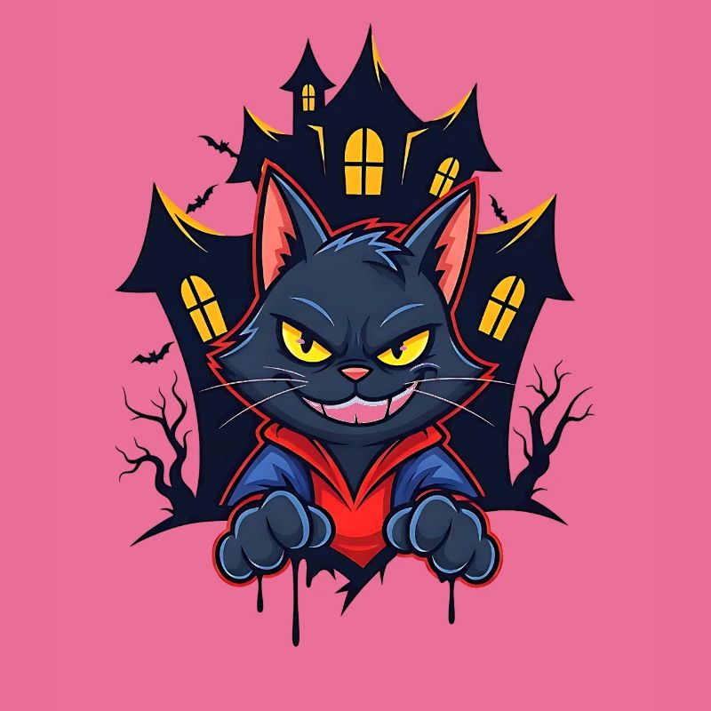 Chat souriant devant une maison hantée