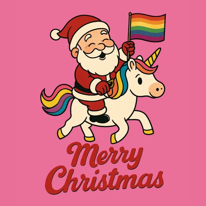 Weihnachtsmann auf Einhorn mit Regenbogenfahne