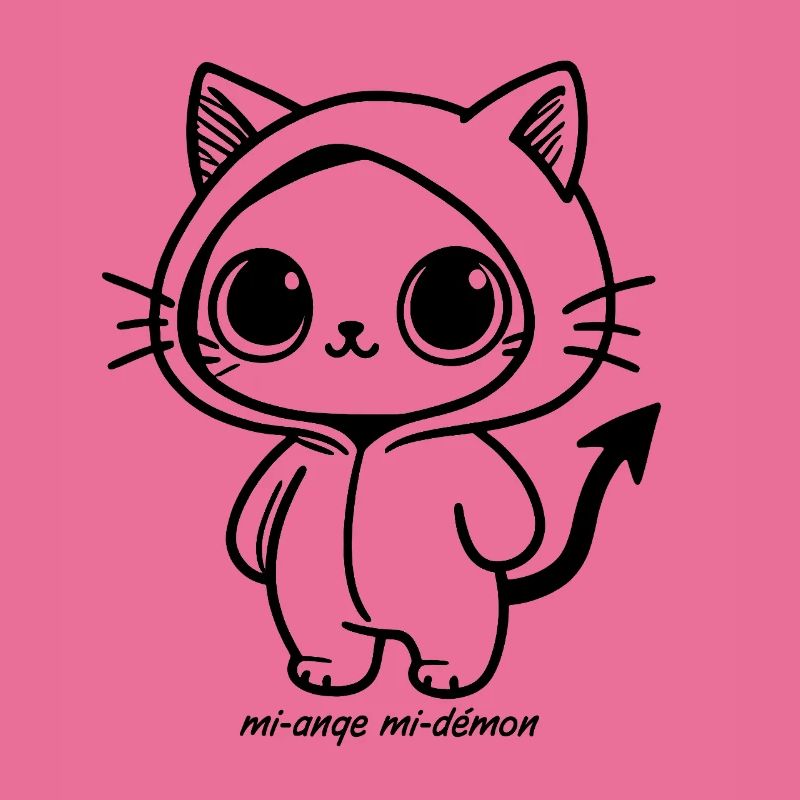 Kawaii-Katze im schwarzen Kapuzenpullover, halb Engel, halb Dämon