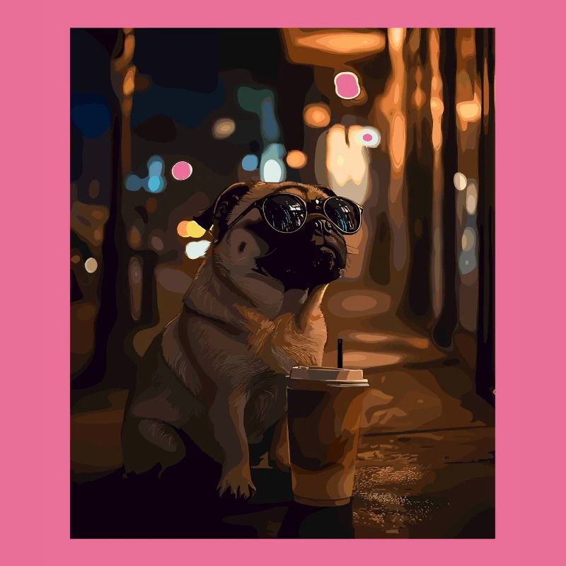 Mops mit Sonnenbrille und Eiskaffee