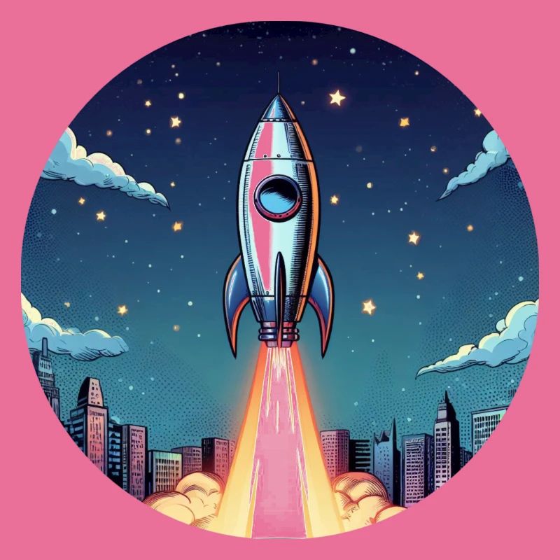 Lancement d’une fusée dans l’espace devant le ciel nocturne dans un style comique