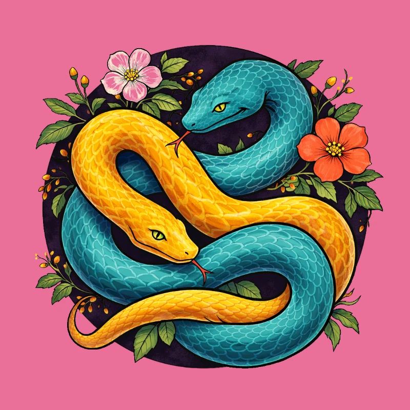 Two Python Snakes in Flower Ring