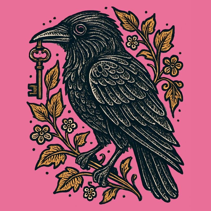 Corbeau avec Clé et Feuillage
