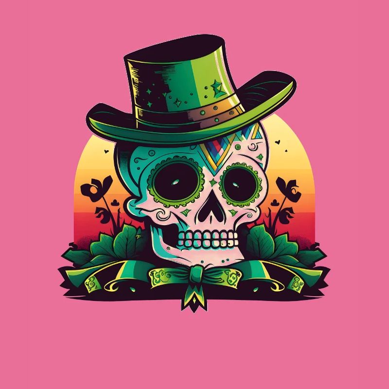 Sunset Sugar Skull Wearing A Hat St Patrick"s Day