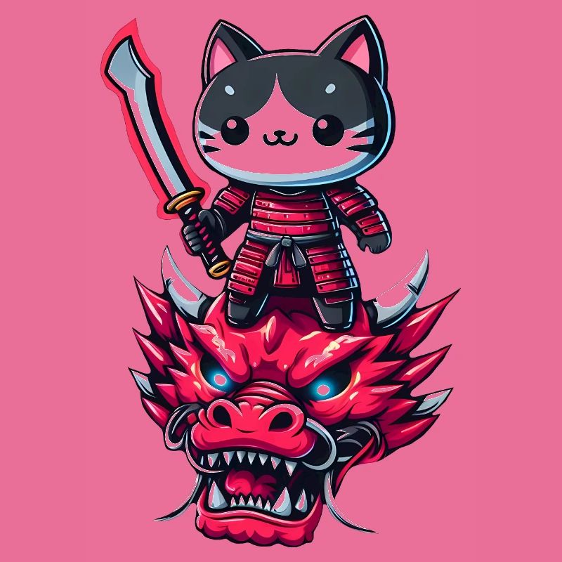 Chat samouraï avec épée sur dragon dans un effet 3D épique