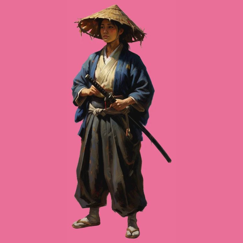 samurai warrior with straw hat realistic