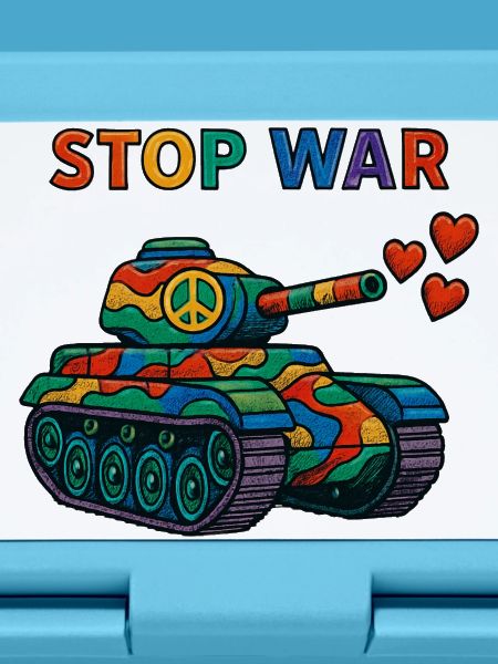 Regenbogen Panzer mit Peace-Zeichen – STOP WAR