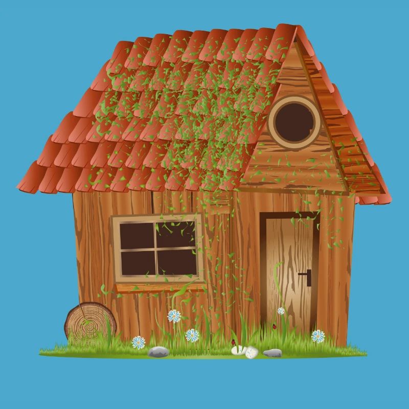 small windswept rustic hut