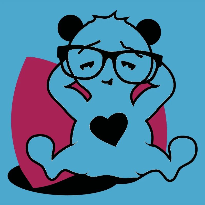 Panda mit Nerd Brille und Herz Button beim relaxen