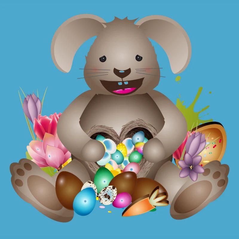 laughing Easter with Easter nest full of Easter eggs