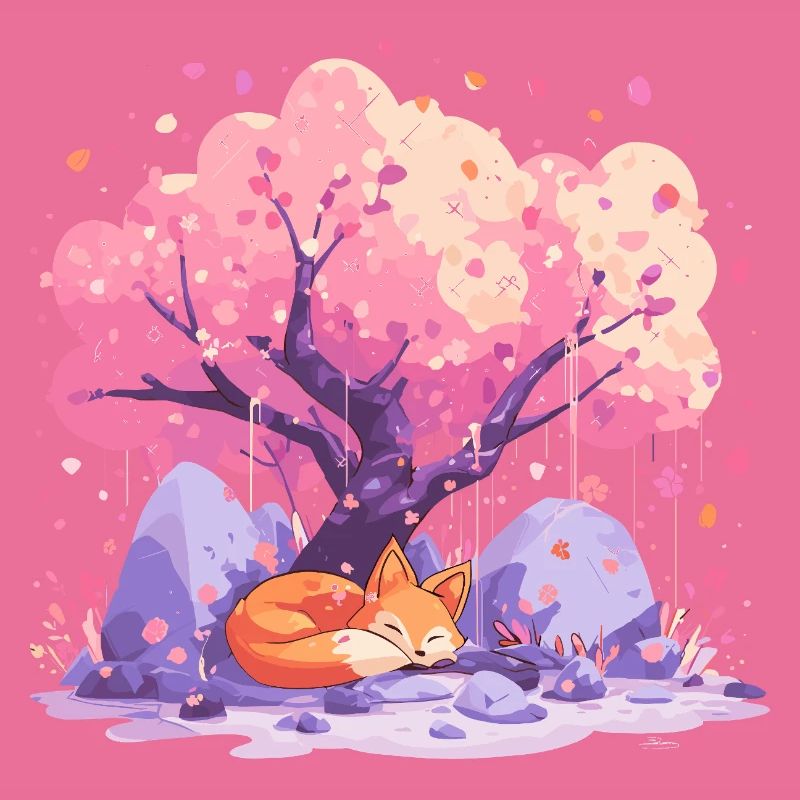 Sleeping fox under cherry tree