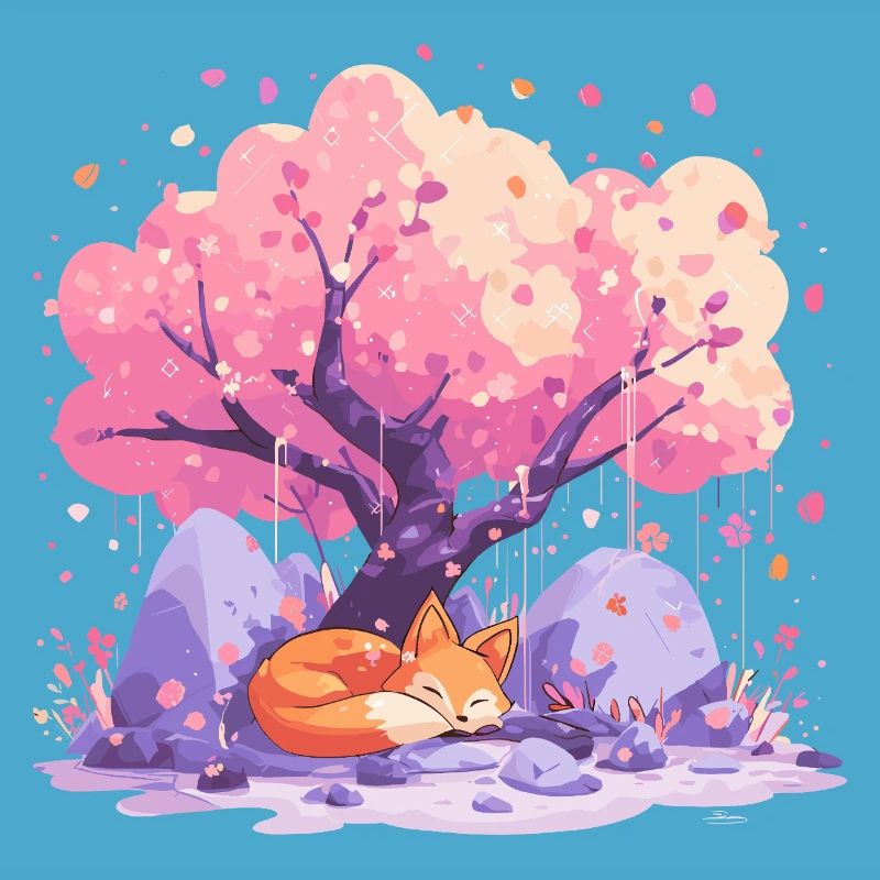 Sleeping fox under cherry tree