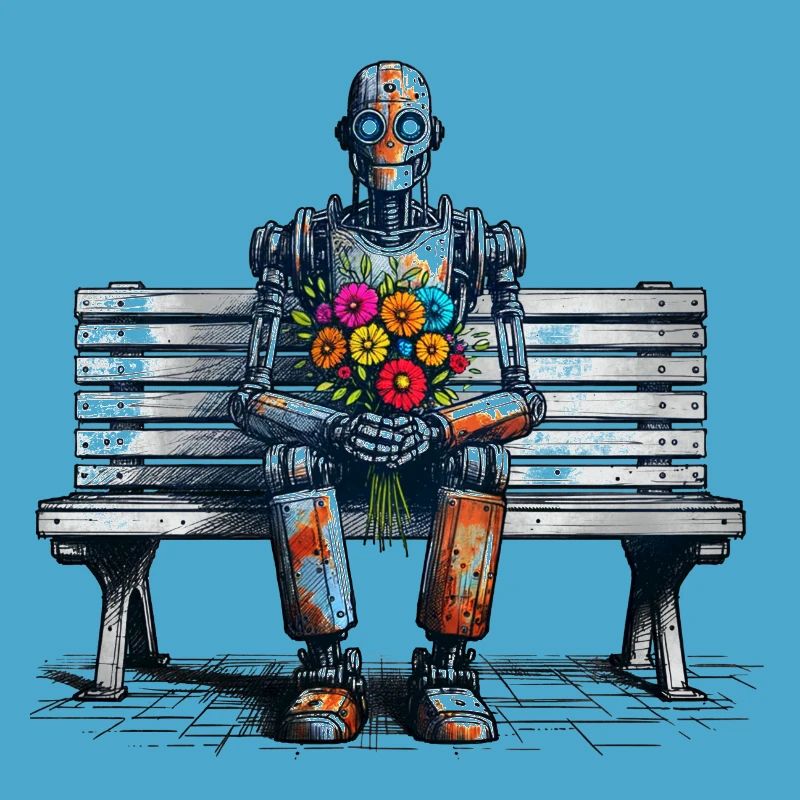 Robot Bench Flowers Robot Love Rusty Art