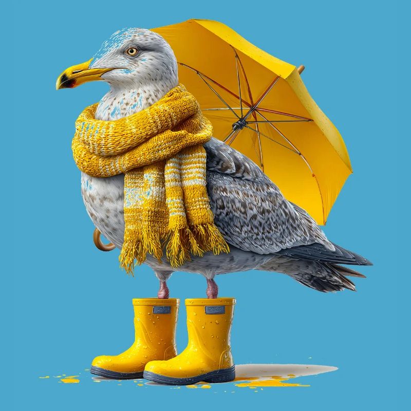 Seemöwe mit Gelbem Regenschirm und Boots