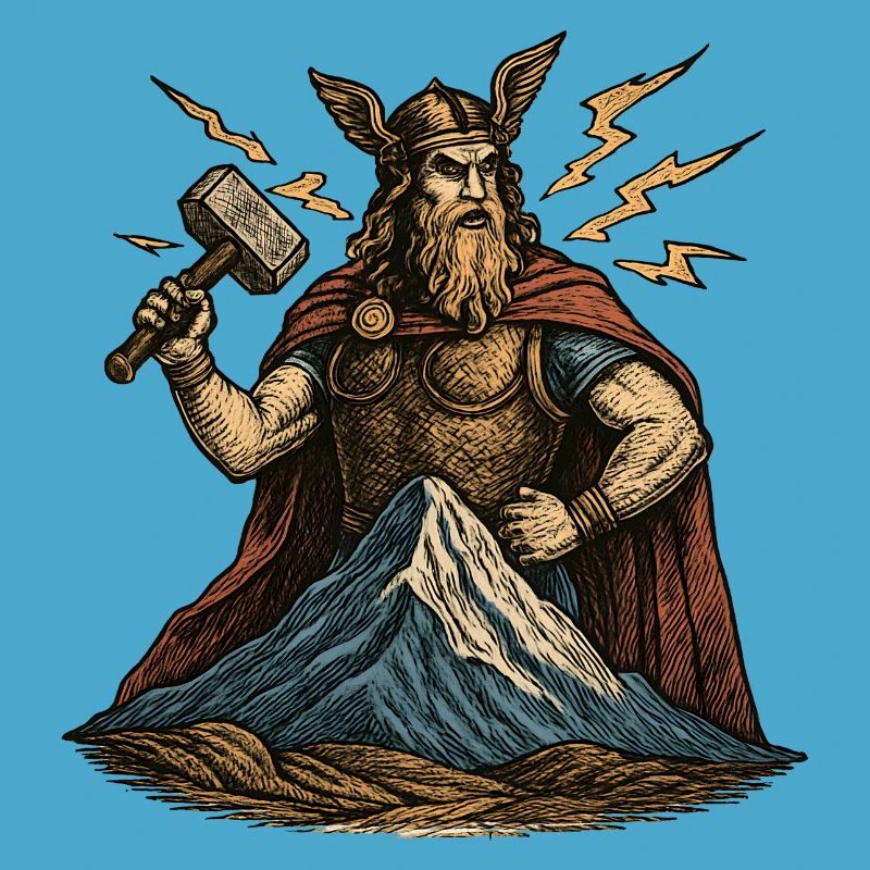 Thor avec un marteau au-dessus de la colline