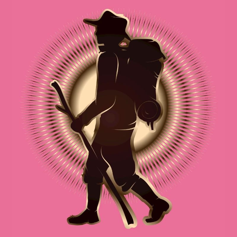 Pilger oder Wanderer mit Wanderstab & Rucksack