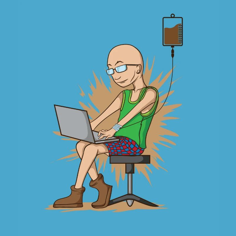 Kaffeetrinkender Nerd beim Hacken hängt am Kaffeet