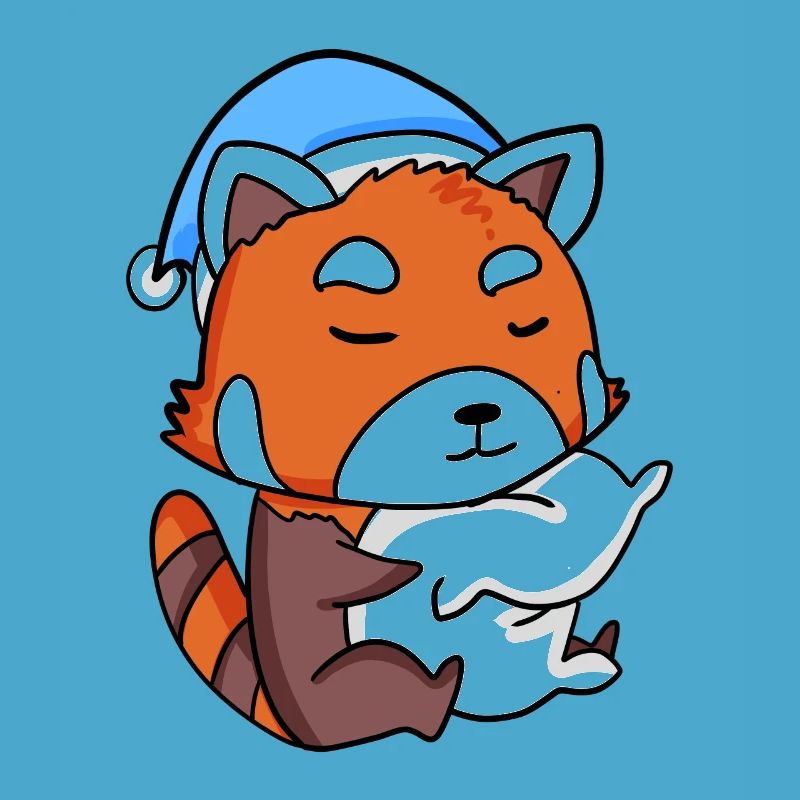 red panda with pillow and sleeping cap