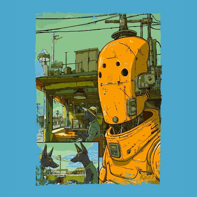 Cartoon einer Sci-Fi-Dystopie mit Roboter