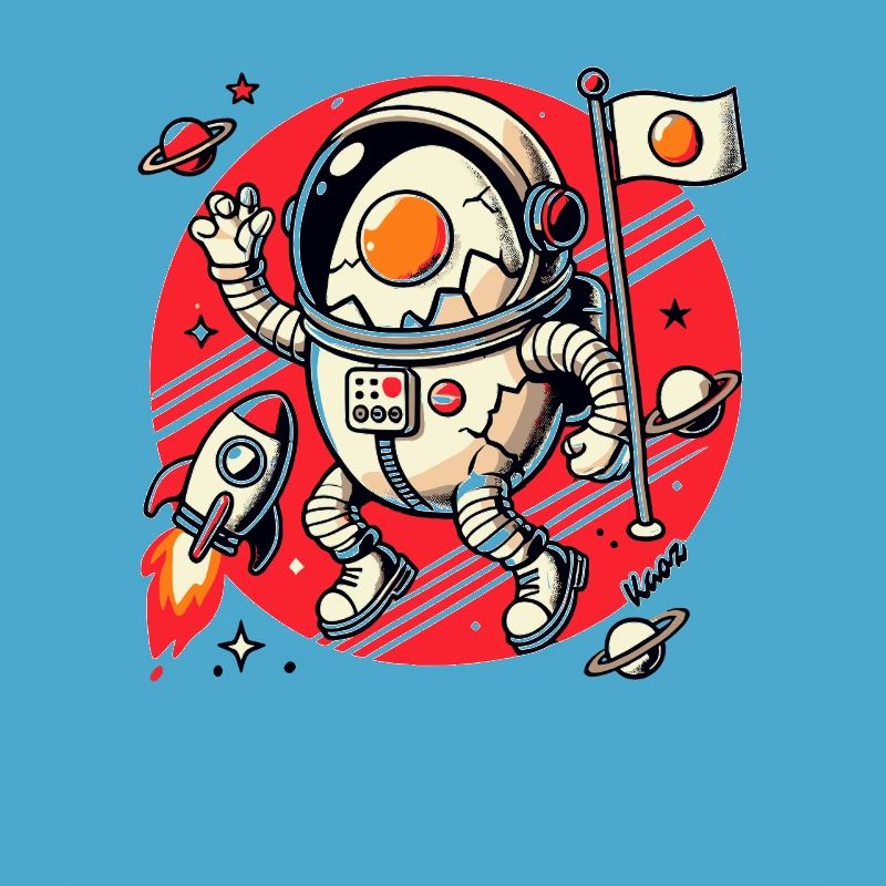 Astronaut egg with rocket in space with planet