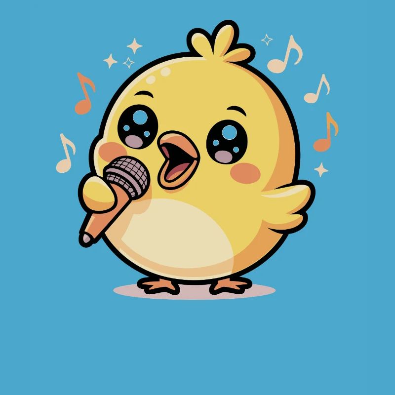 Poussin joyeux qui chante avec un microphone et des notes