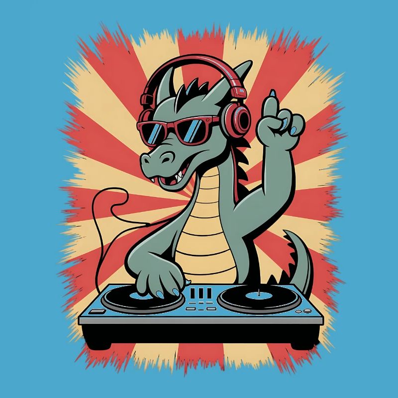 Drachen-DJ mit Kopfhörer-Beat