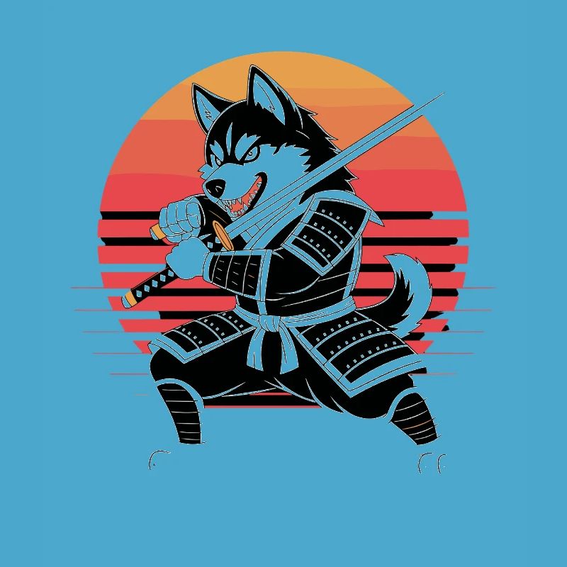 Husky Samurai Warrior With Katana Before Retro
