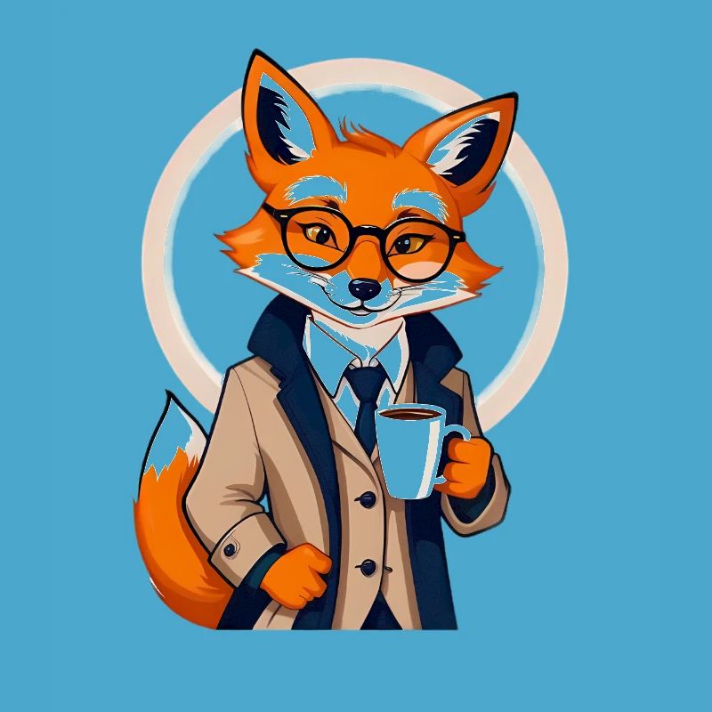 Fuchs im Anzug mit Kaffee
