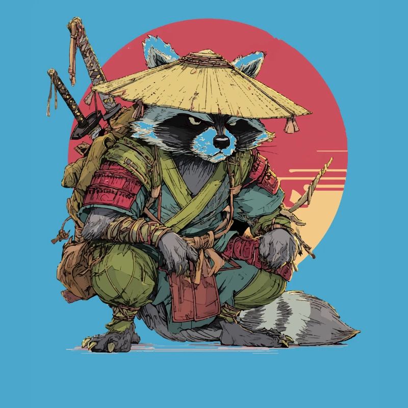 Waschbär-Samurai mit Strohhut