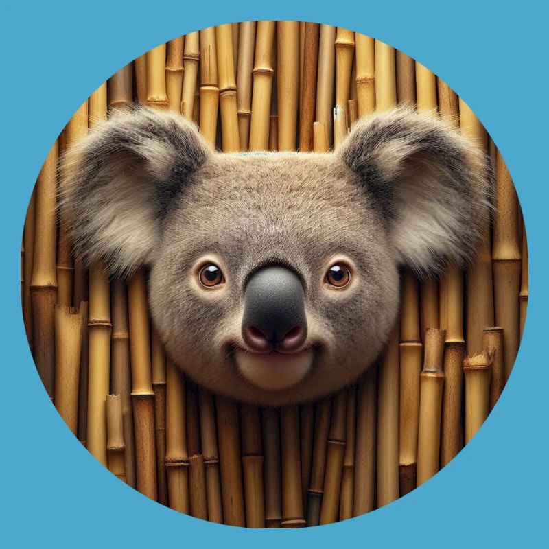 Tête de koala devant un mur de bambou