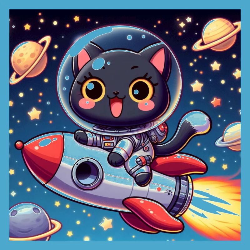 Chat mignon de l’espace sur une fusée dans l’espace