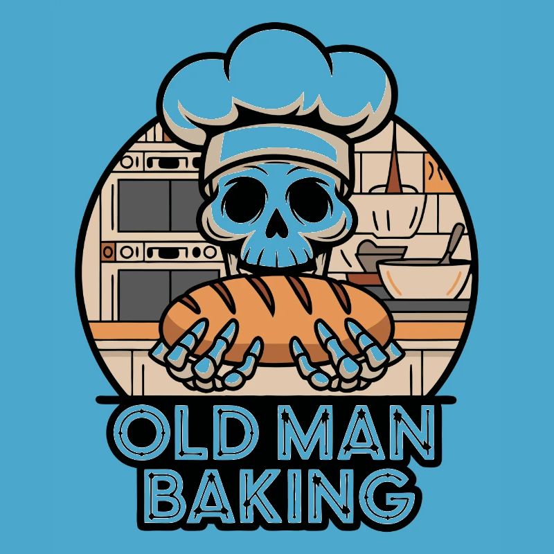 Funny Baker Skull with Bread. Old man bakes