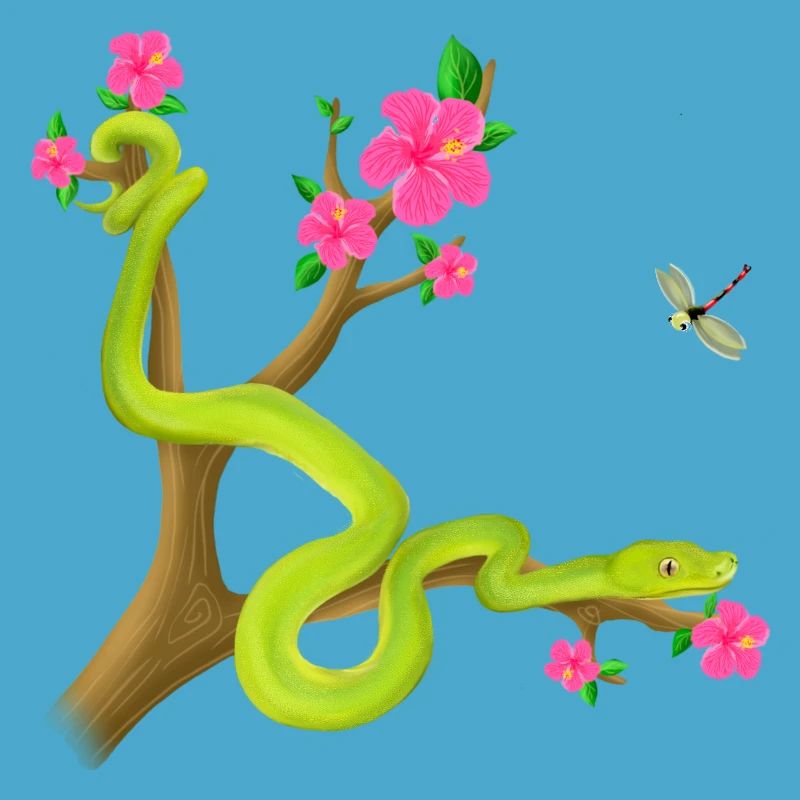 Le serpent Python vert sur l’arbre avec des fleurs