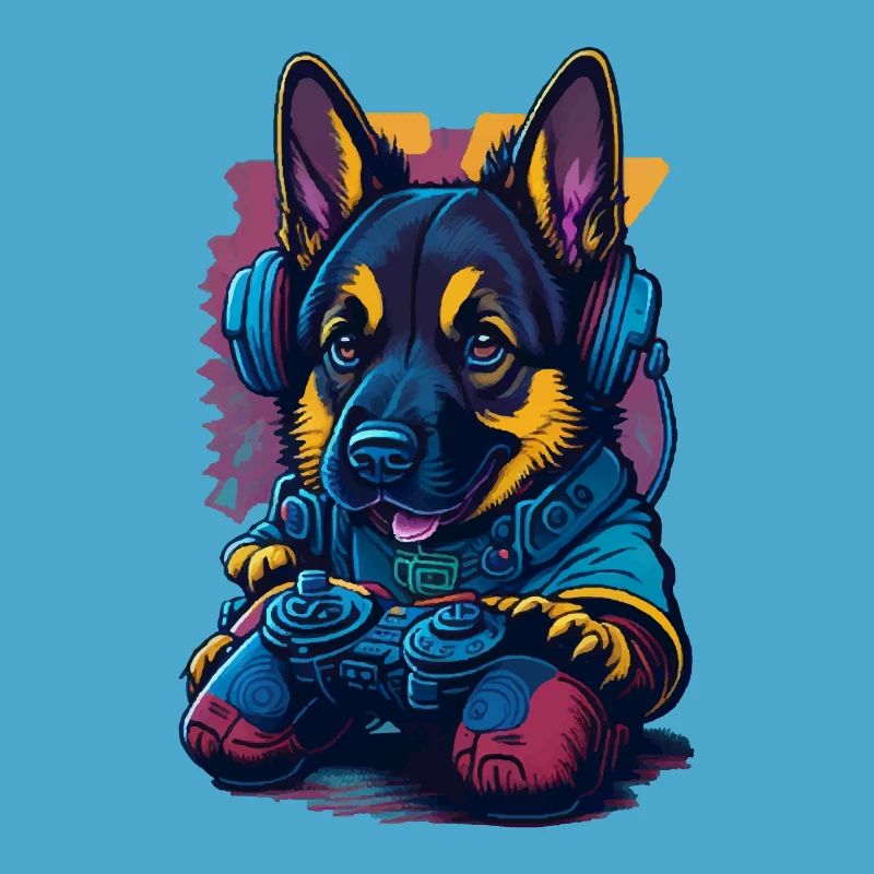 German Shepherd puppy plays with game control