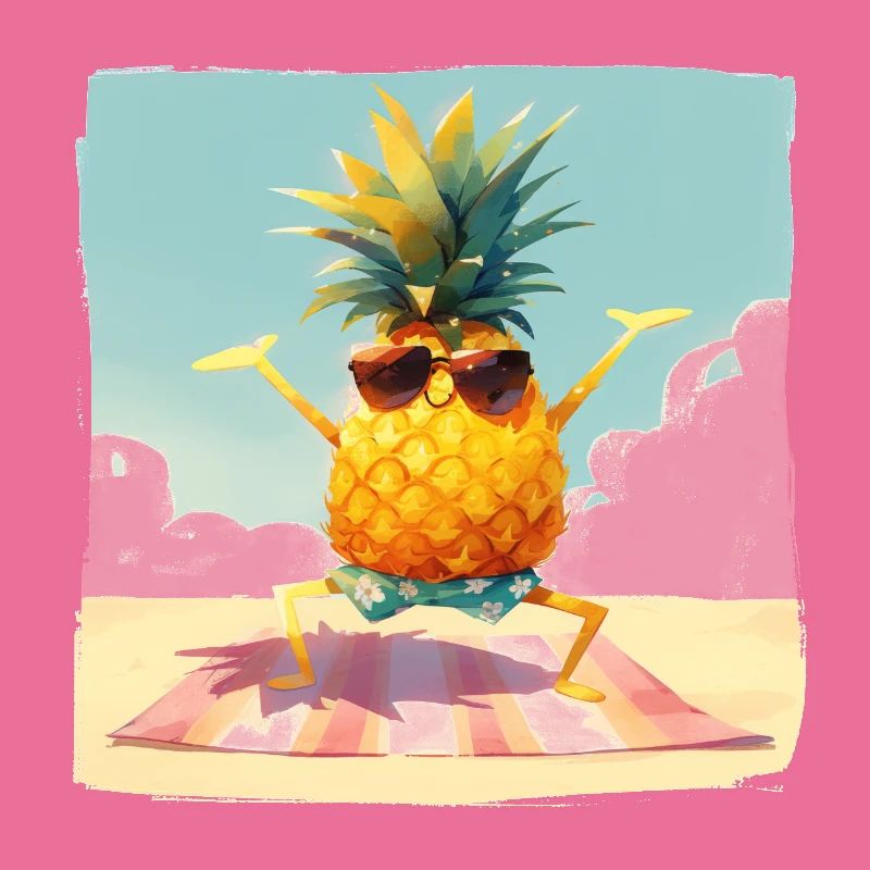 Drôle d’ananas dansant/faisant de l’exercice sur la plage