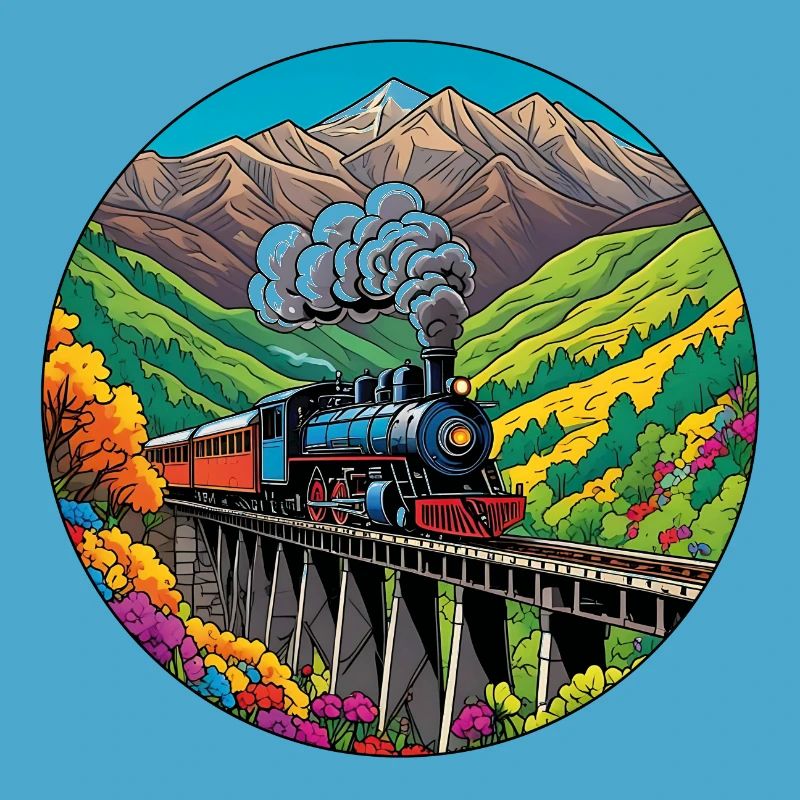 Bunter nostalgischer Eisenbahnzug mit Dampflok