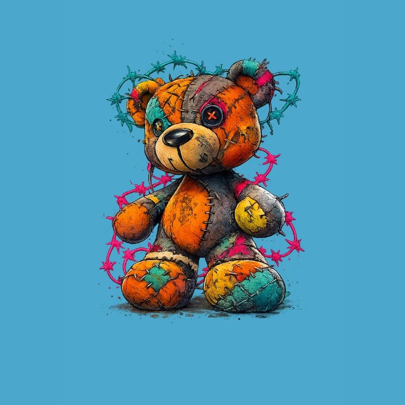 Patchwork Teddybär mit Neonfäden