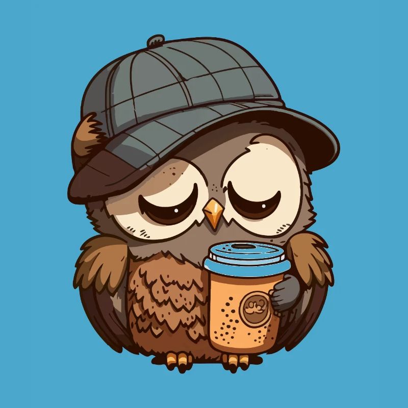 Müde Eule mit einem Kaffeebecher