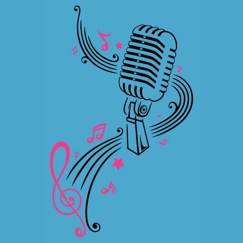 Retro microphone with music notes and clef.