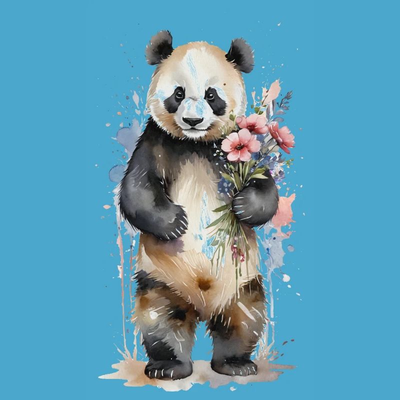 Gentil géant avec des fleurs - Aquarelle Panda