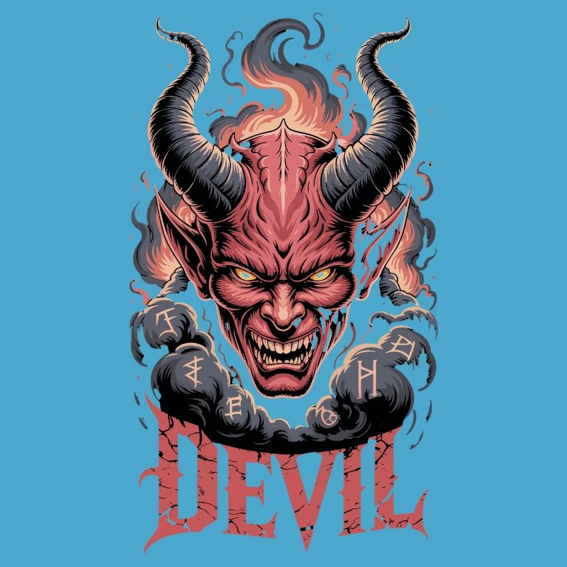 Devil Demonic Head with Horns Flames Runes