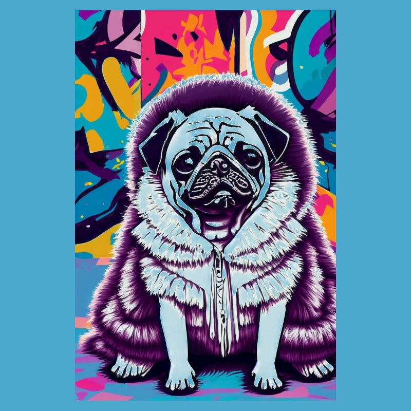 Carlin en manteau de fourrure devant un mur de graffitis | Pop art