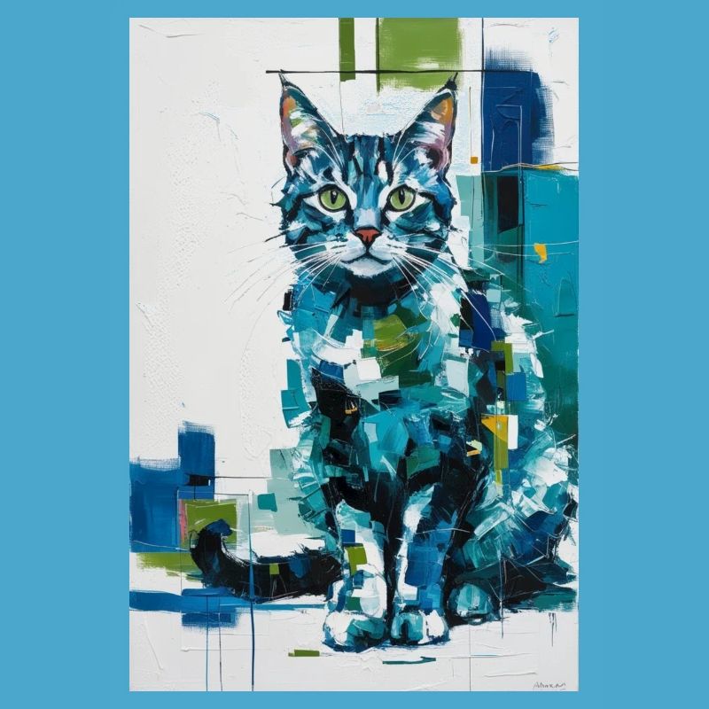 Chat abstrait en bleu vert / Numérique / Affiche #2