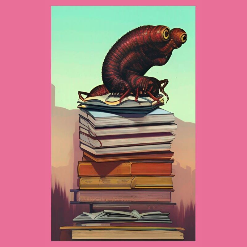 Comic Cartoon Creepy Bookworm Book Stack