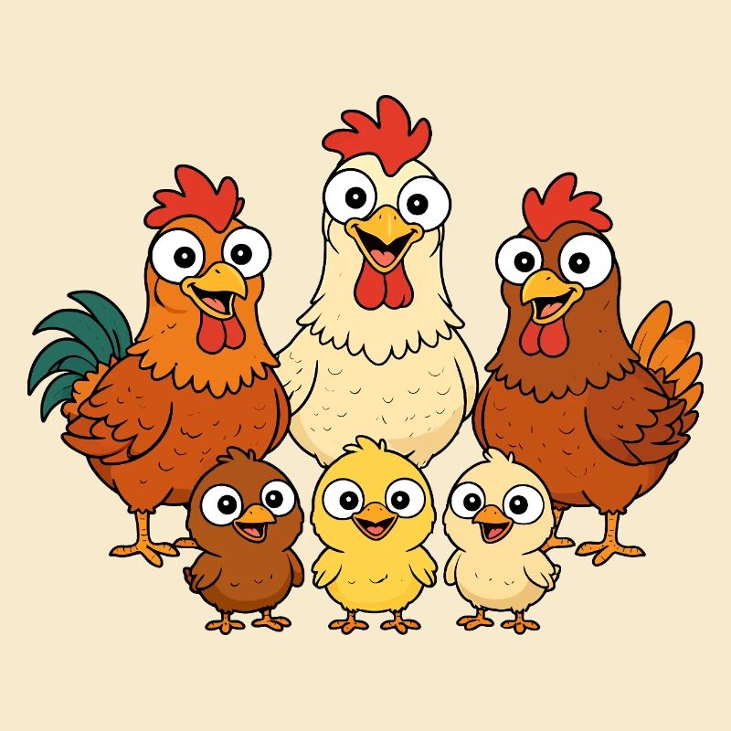 Chickens, roosters and chicks