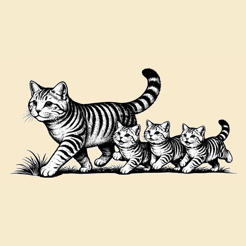 Katzenmutter mit 3 Katzenbabys schwarzweiß