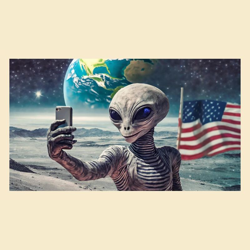 grey alien on the moon surface – making selfies