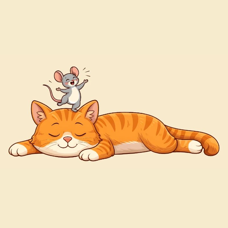 Sleeping cat with cheerful mouse