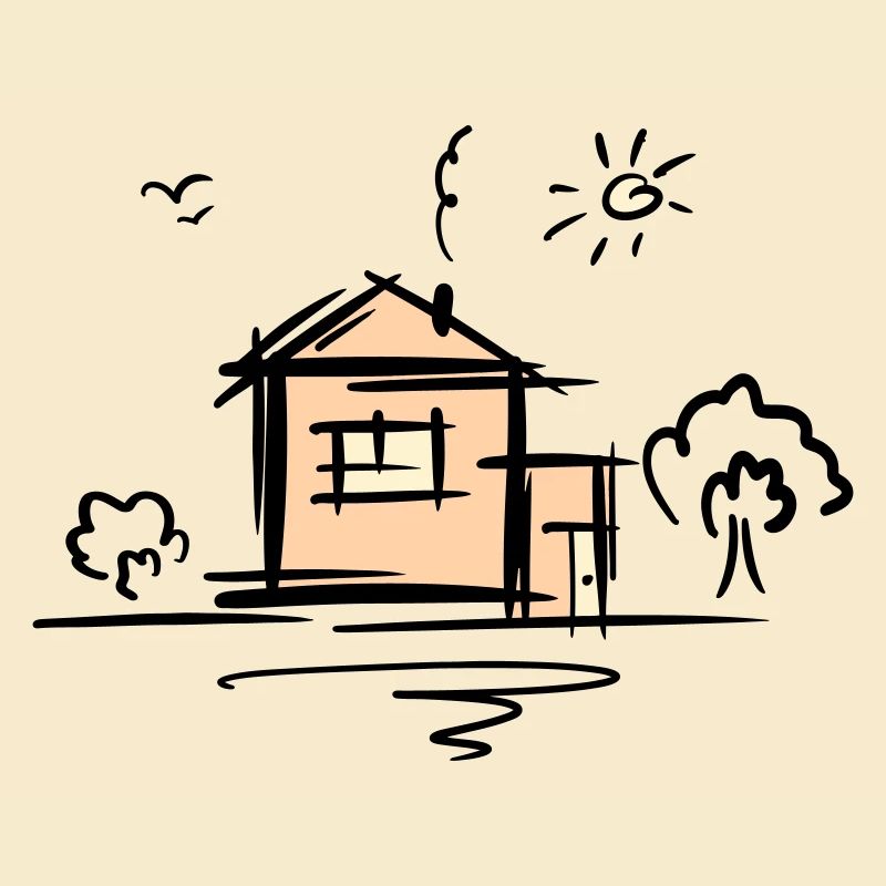 Maison avec arbres et soleil. Dessin. Gribouiller.