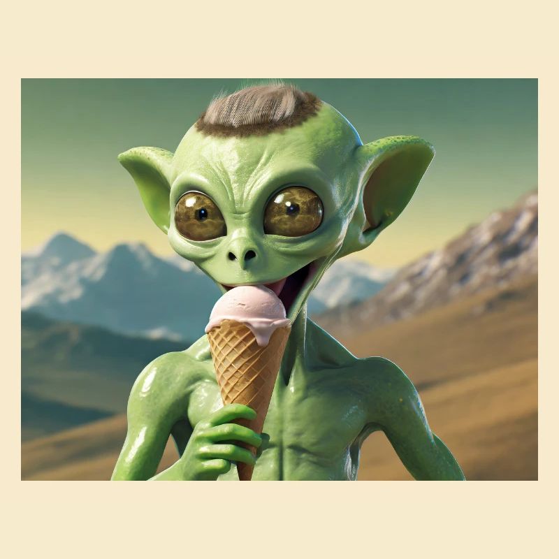 grey alien on the moon surface – eating ice cream